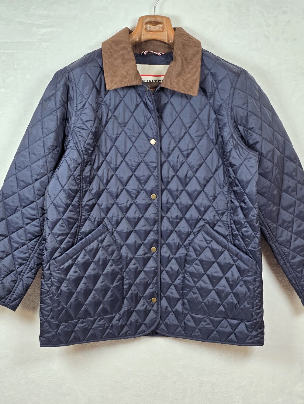 Hunter Rachel Midnight Navy Quilted Barn Jacket Corduroy Collar Sz XL